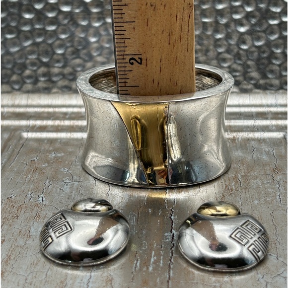 Vintage 80s Rare Givenchy Wide Cuff Two Tone Bracelet & Clip On Earrings Bundle - Picture 15 of 16